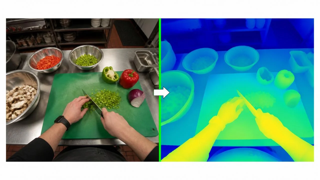 Comparação lado a lado: imagem RGB da cozinha à esquerda e mapa de profundidade métrica 3D à direita, com seta indicando a conversão