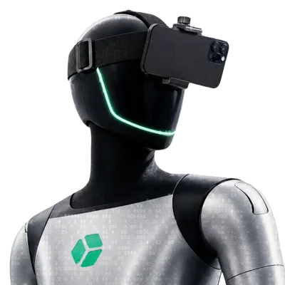 Robô usando a faixa de cabeça com suporte para celular